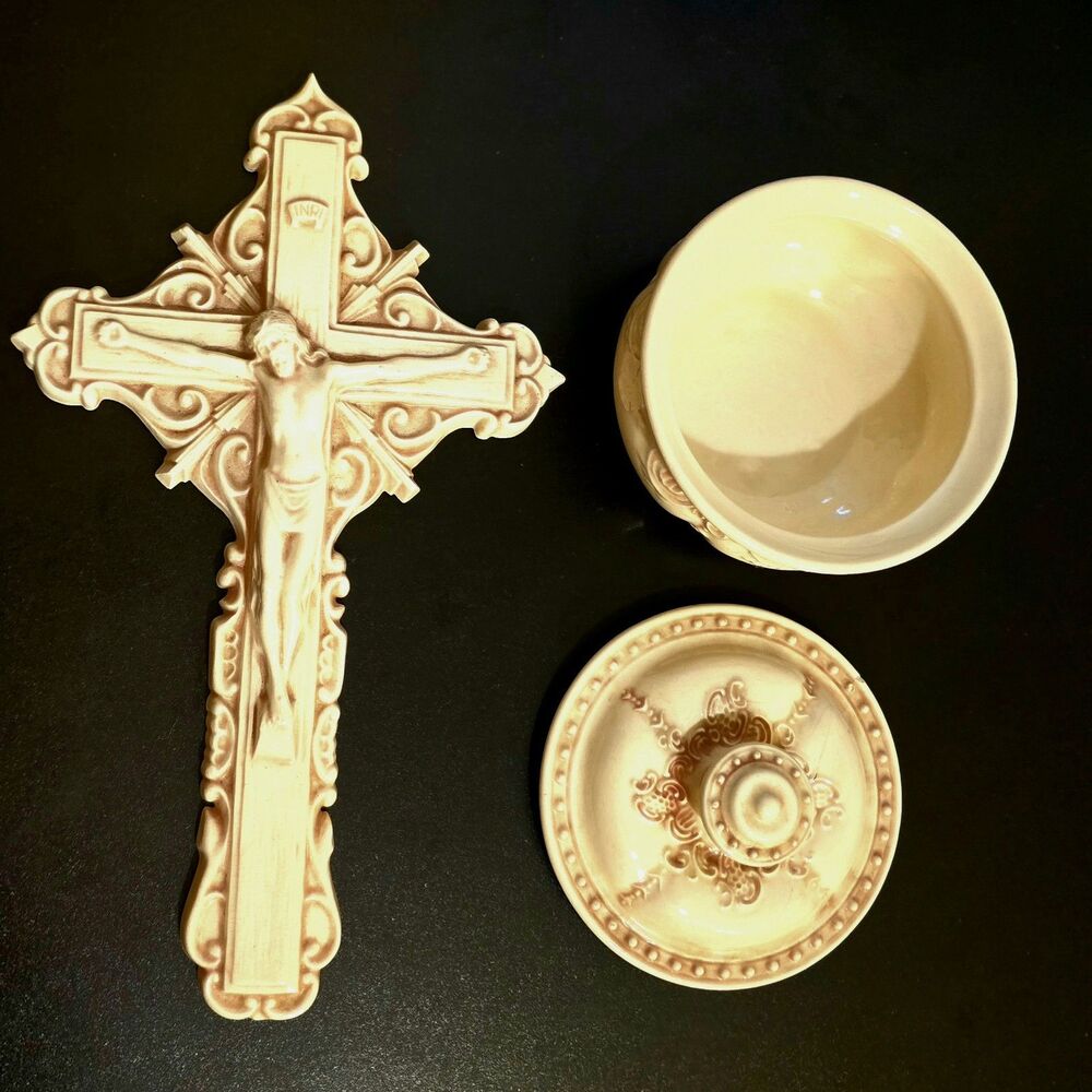 Catholic Ceramic Wall Cross and Lidded Trinket Bowl 1984 Beautiful for any Alter